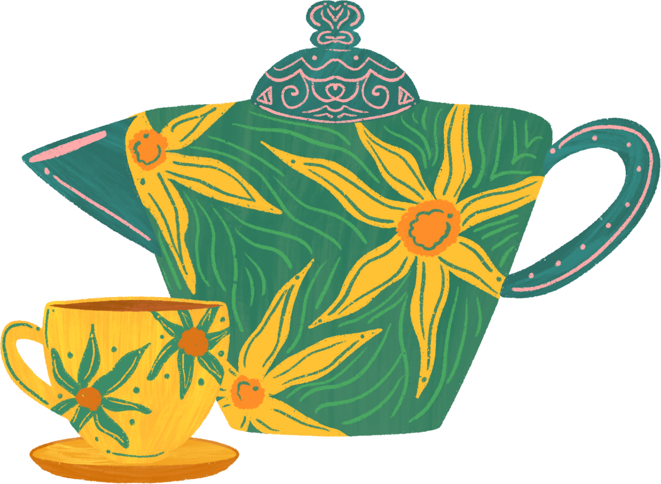 Intricate Handdrawn Freeform flower tea set