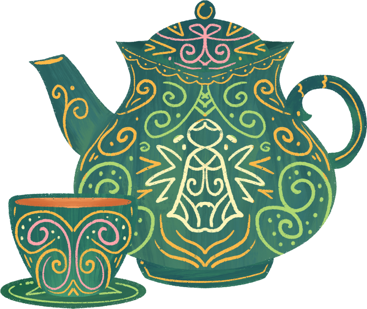 Intricate Handdrawn Freeform swirl pattern tea set