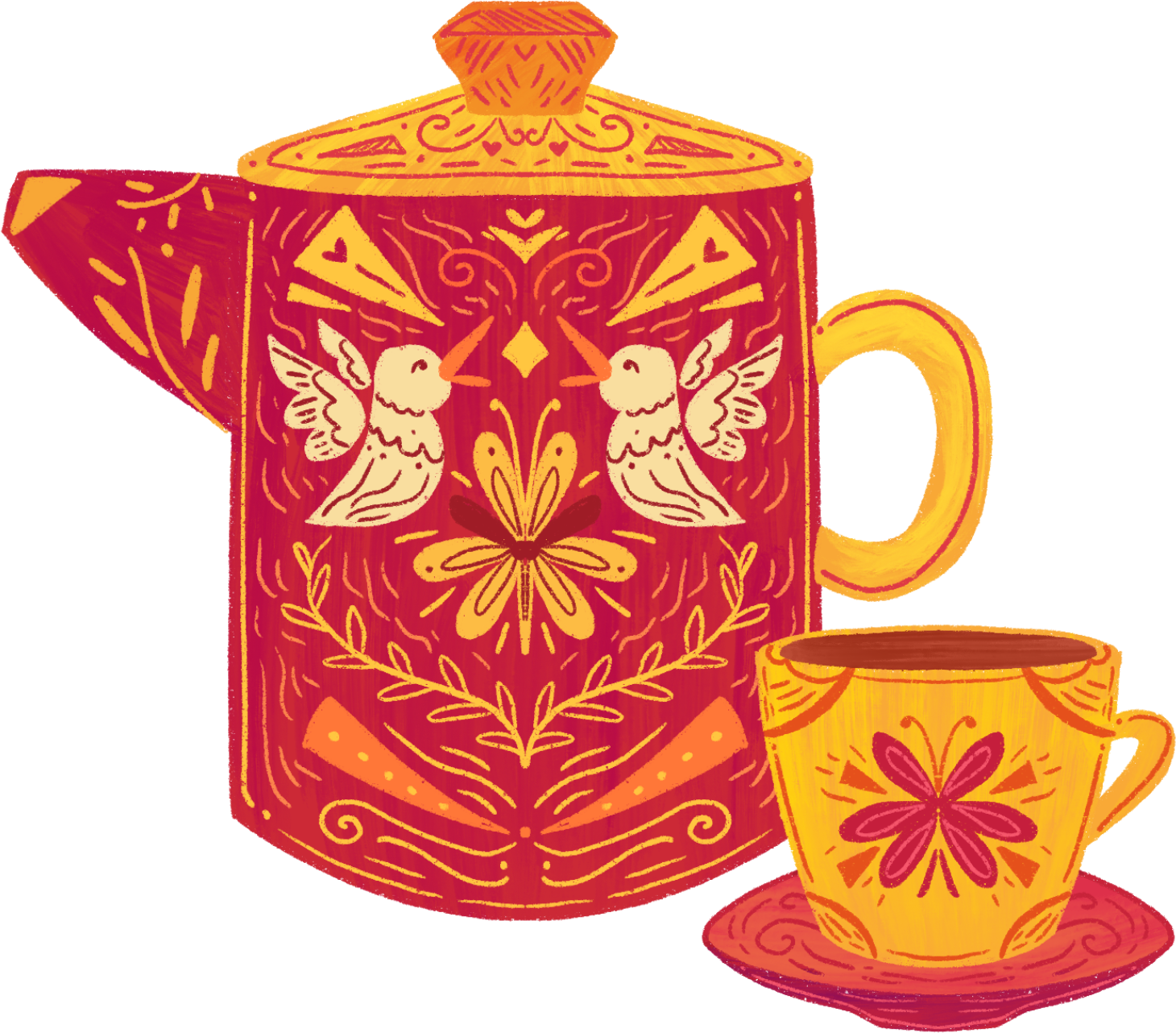 Intricate Handdrawn Freeform red pattern tea set