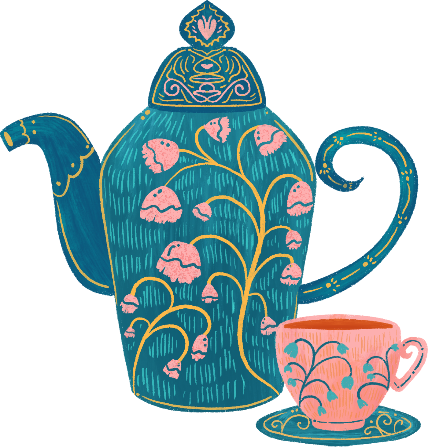 Intricate Handdrawn Freeform teal pink floral tea set